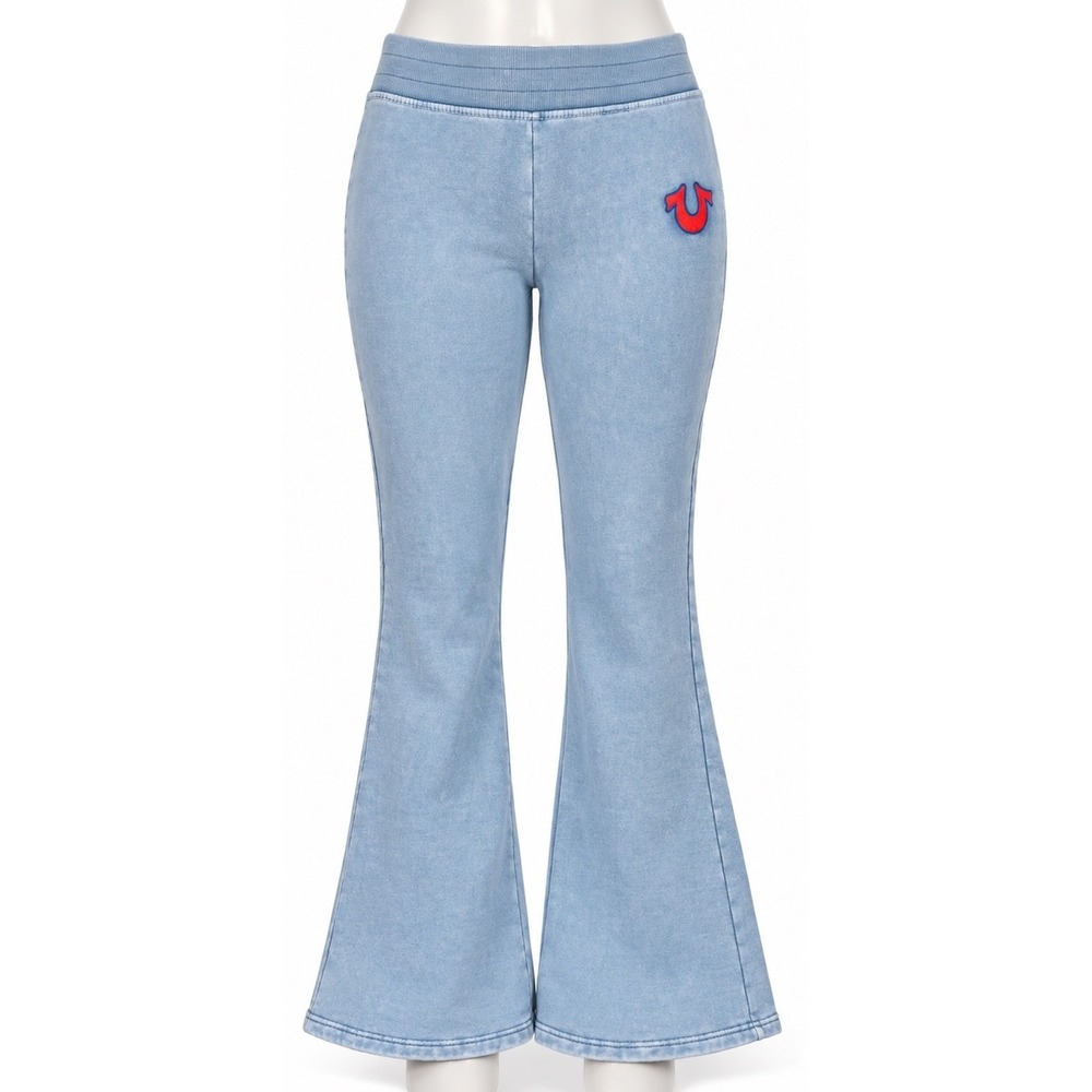 Y2K True Religion Women's Large Blue Washed Flare Sweatpants Streetwear